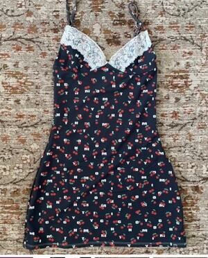 O-Mighty Cherry Monogram Cami Tank Dress Stretch Sexy Goth Lace Trim Sz Sm